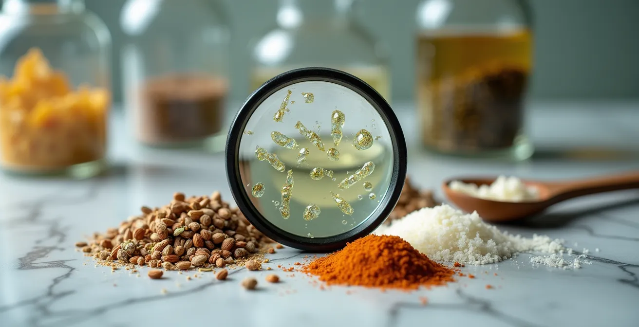 Main tenant une loupe examinant des ingrédients cosmétiques naturels, symbolisant la transparence et l'analyse contre le greenwashing.