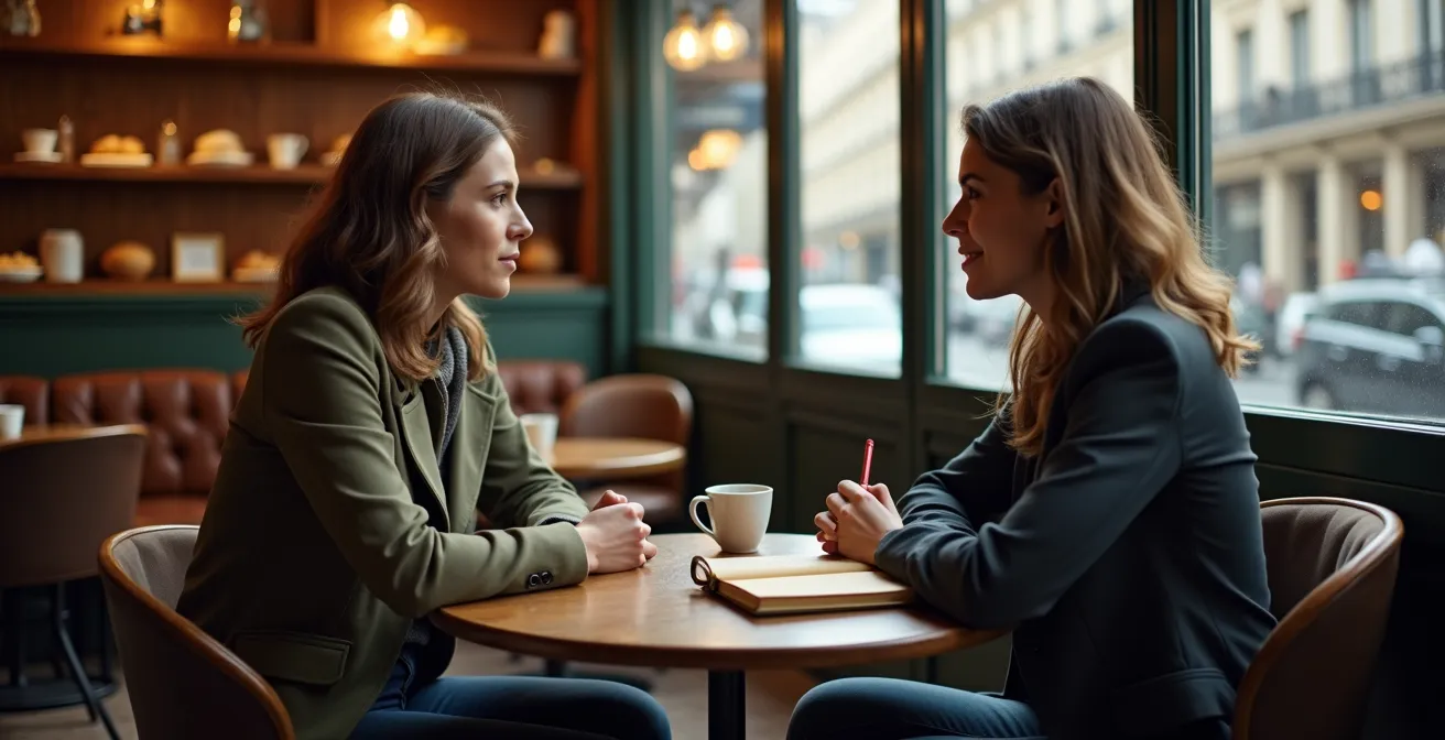 Deux personnes en conversation dans un café français typique avec carnets de notes