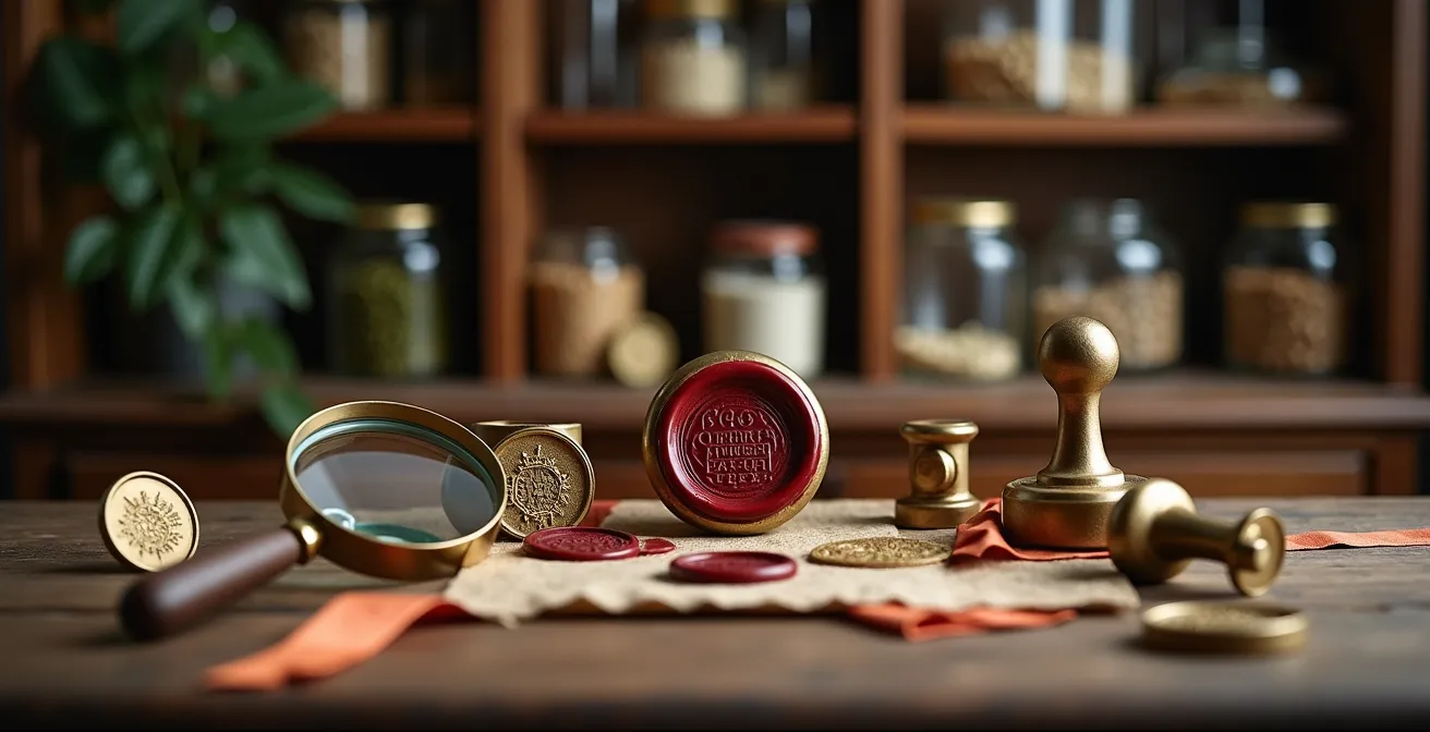 Tampons de certification et documents officiels sur une table en bois, symbolisant l'autorité des labels cosmétiques.