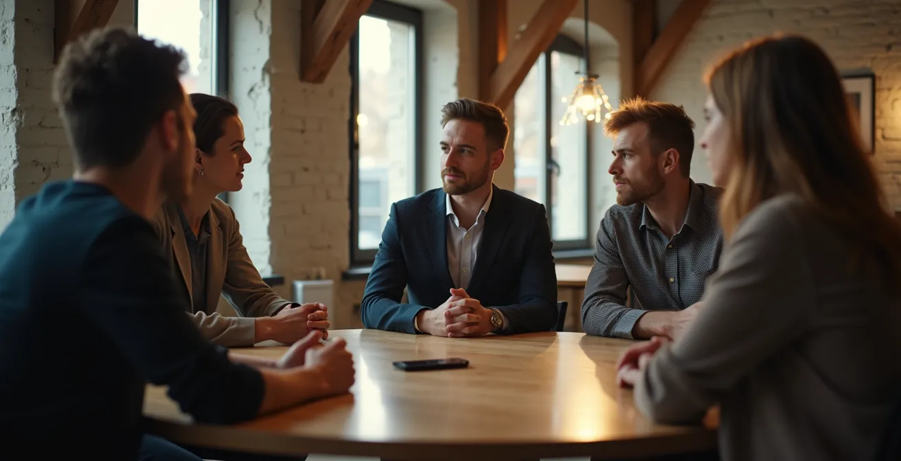 Leader authentique en discussion ouverte avec son équipe dans un bureau français