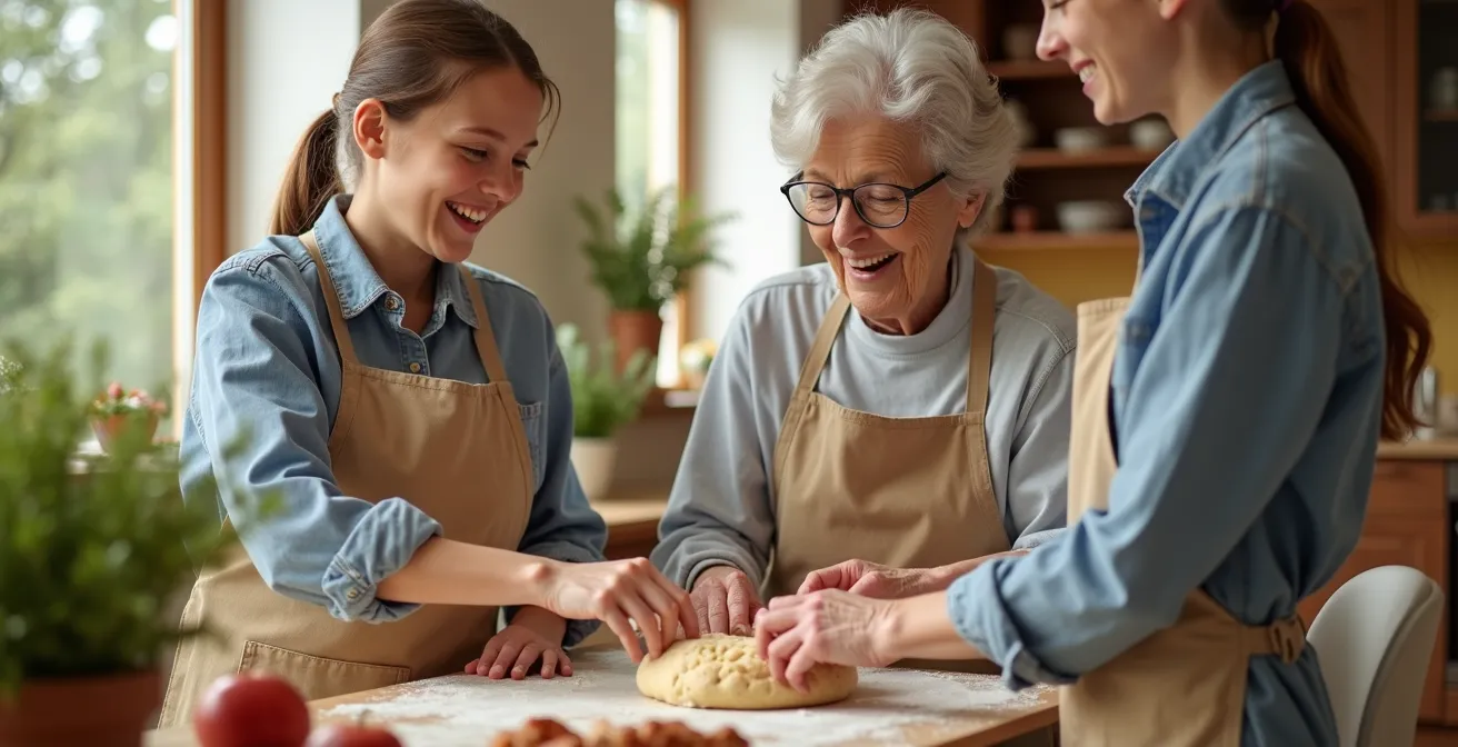 Scène conviviale montrant trois générations partageant un moment ensemble dans un intérieur moderne