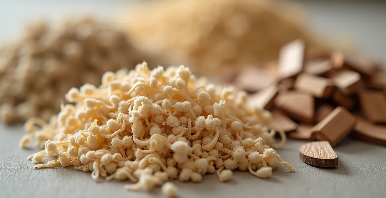 Échantillons de biomatériaux français incluant chanvre, lin et fibres naturelles disposés sur une surface de travail