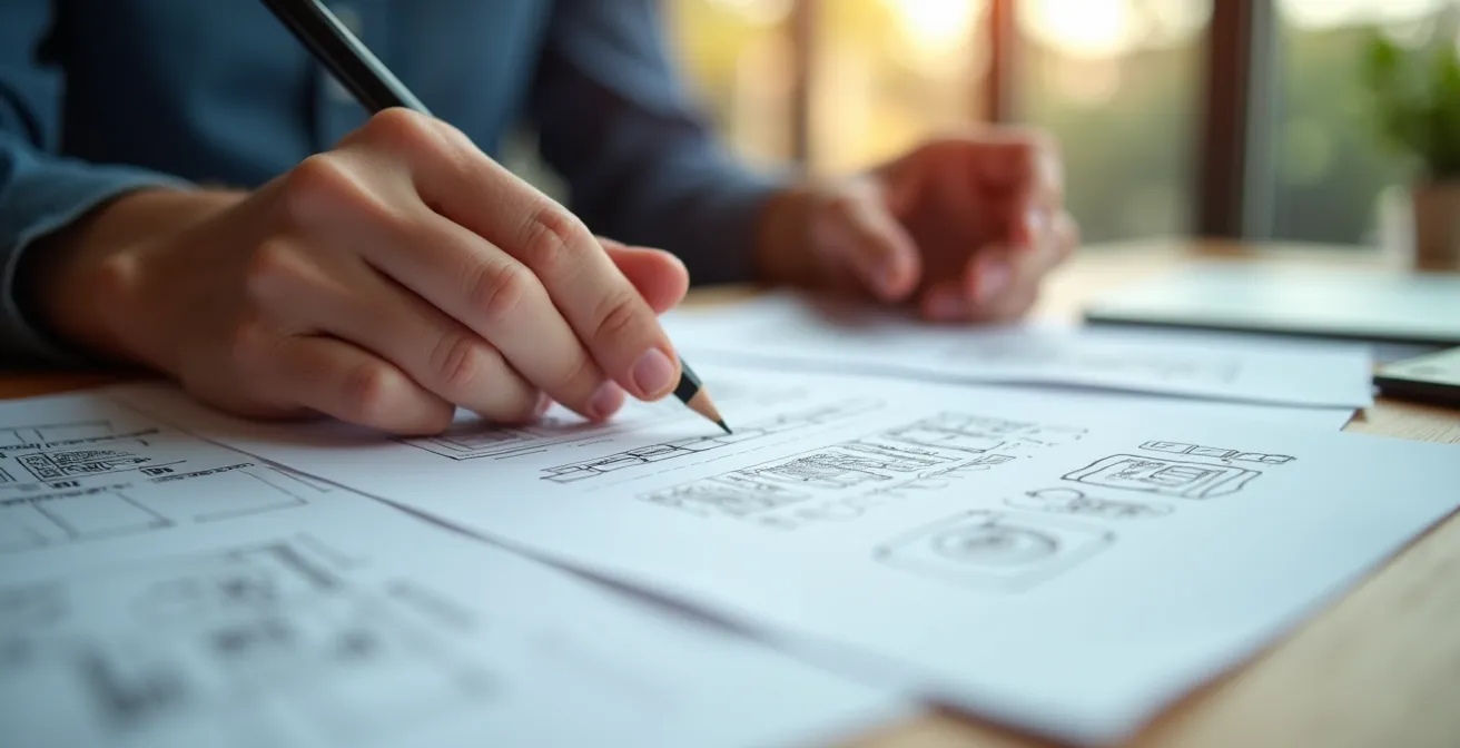 Prototype papier d'une application mobile testé par un utilisateur dans un environnement de bureau minimaliste