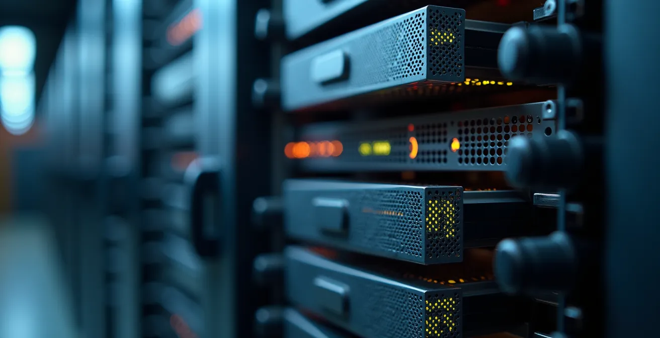 Salle de serveurs sécurisée avec multiples niveaux de protection visibles