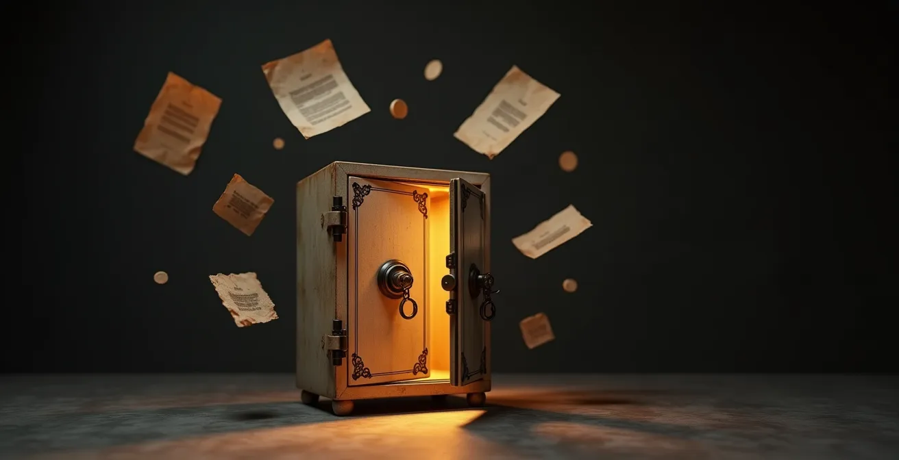 Coffre-fort symbolique entouré d'éléments de propriété intellectuelle abstraits