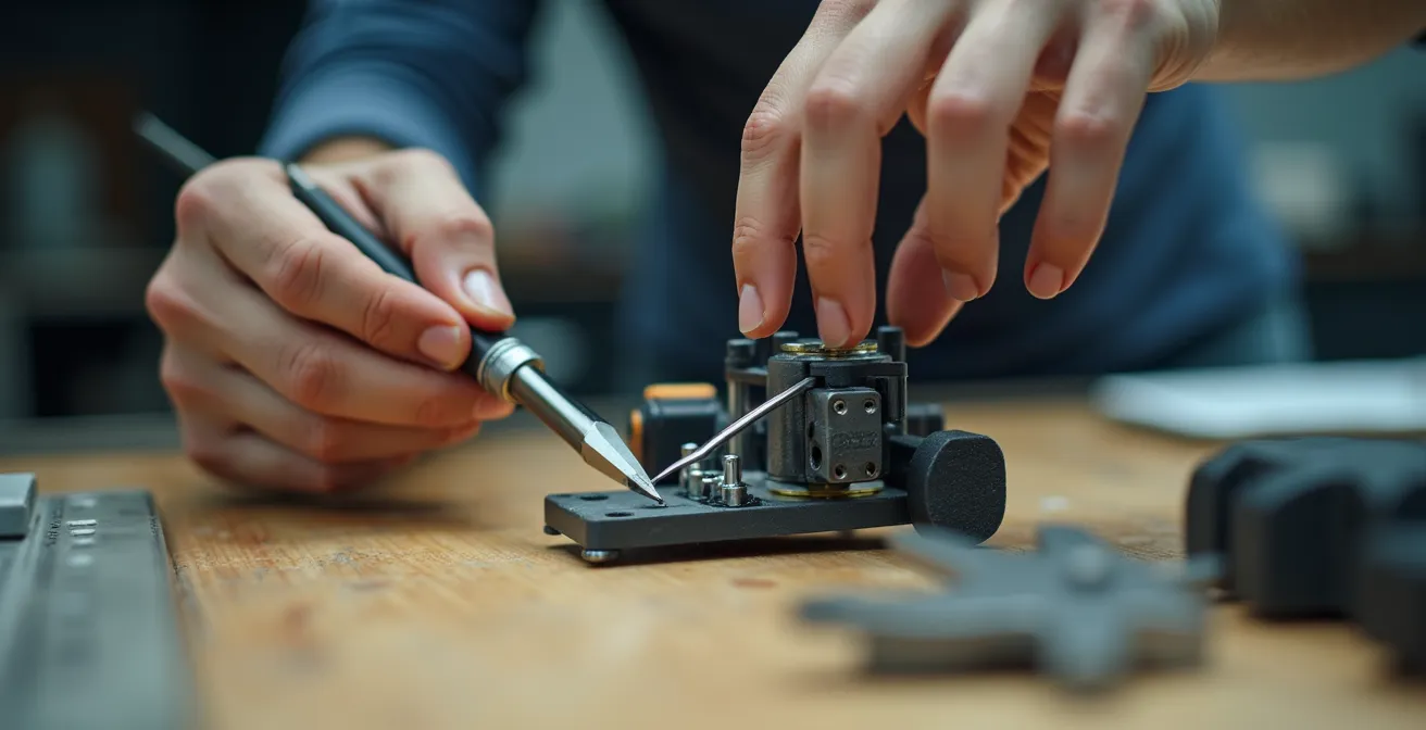 Vue macro d'un prototype en cours d'assemblage dans un FabLab français
