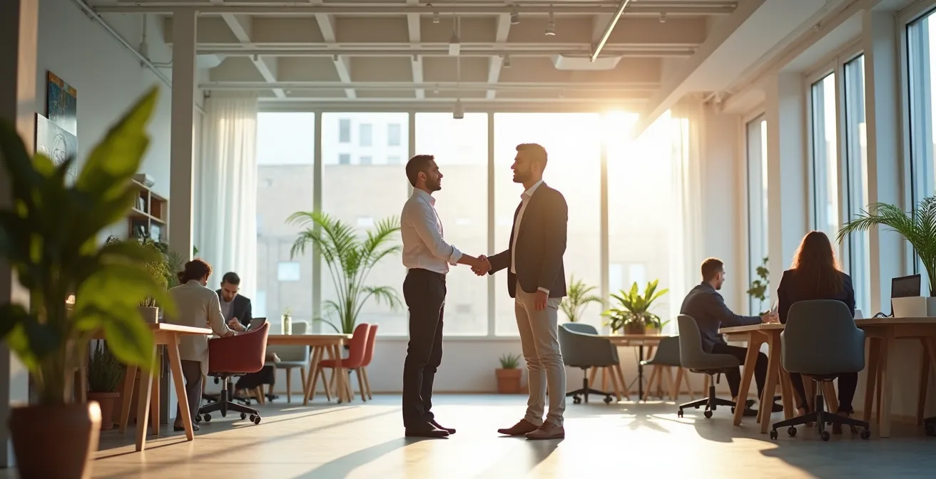 Poignée de main entre entrepreneur et mentor dans un espace de coworking lumineux