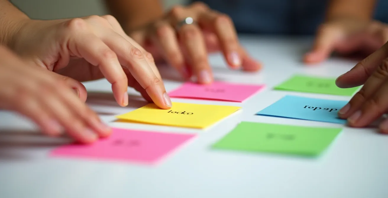 Gros plan sur mains arrangeant des notes colorées sur une surface de travail