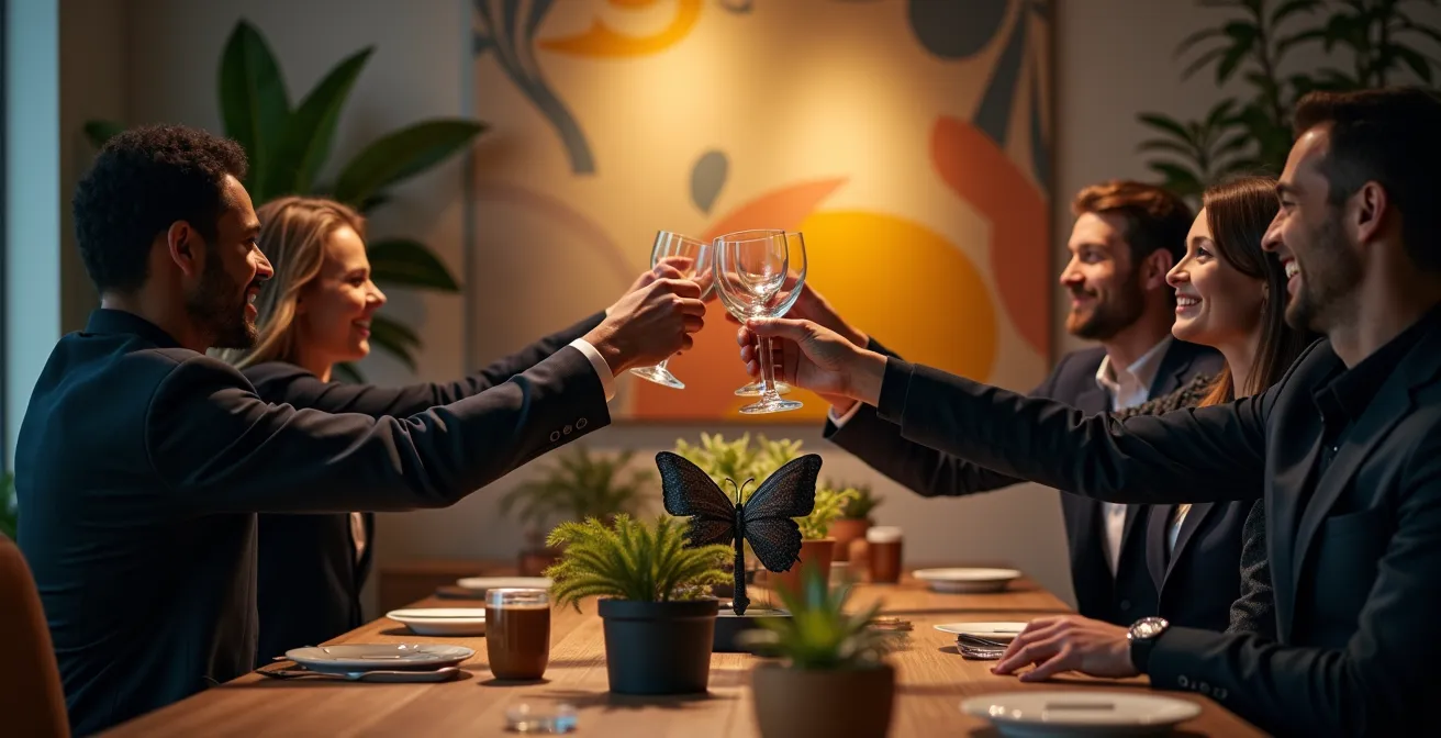 Célébration d'équipe marquant l'adoption réussie de nouvelles méthodes de travail