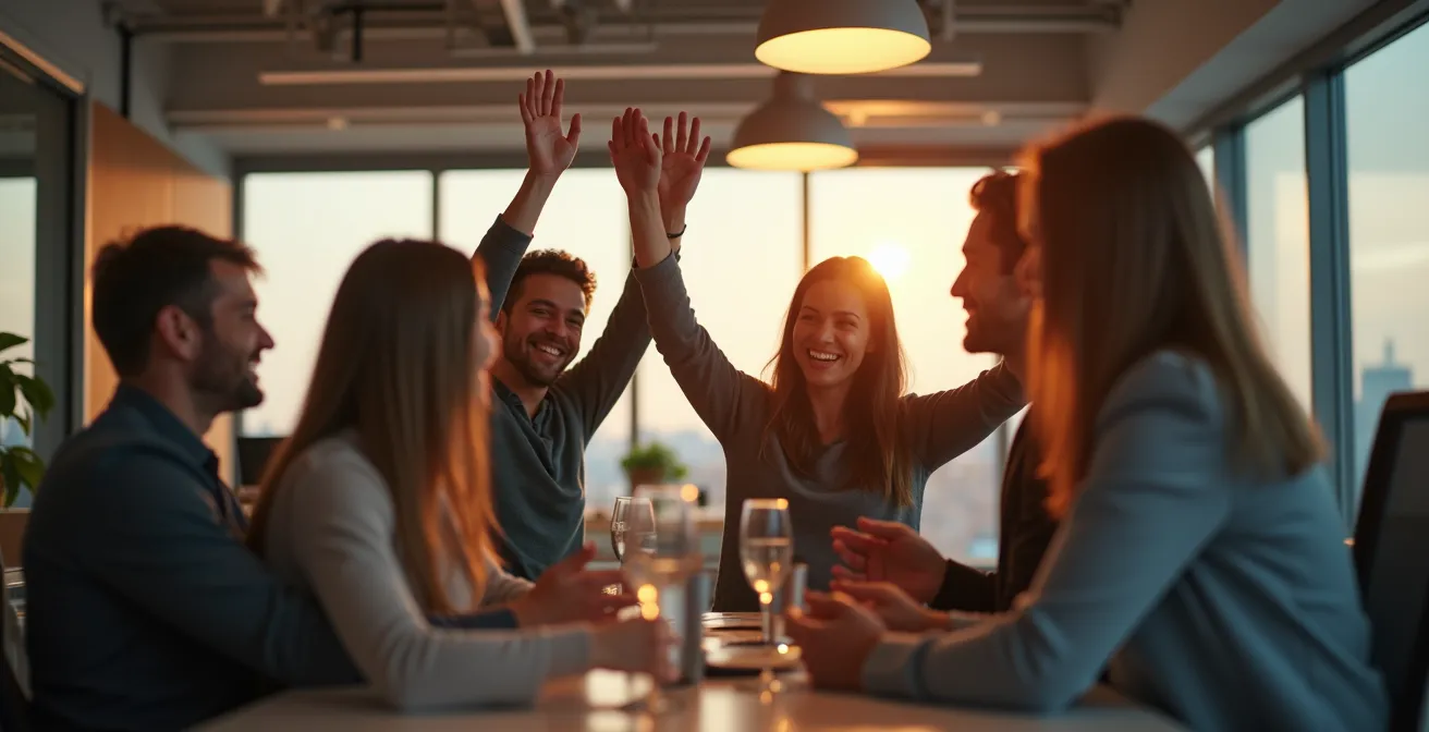 Équipe célébrant ensemble dans un espace de travail moderne