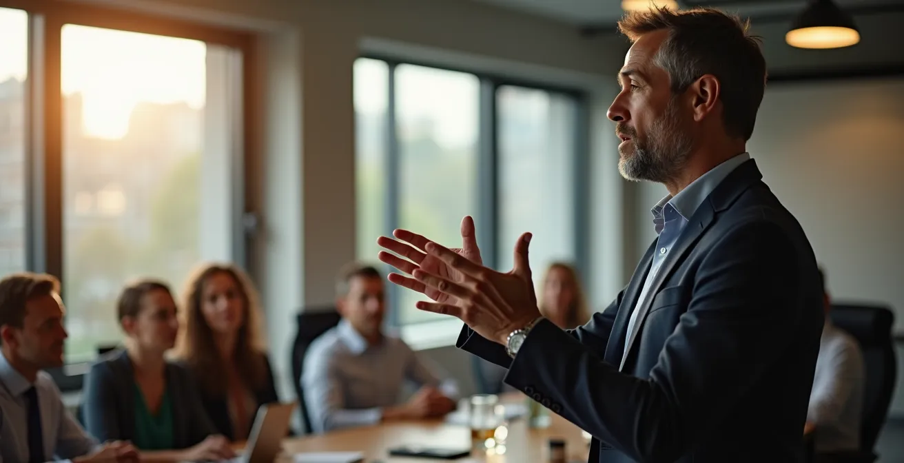 Leader présentant sa vision à une équipe dans un espace de réunion moderne
