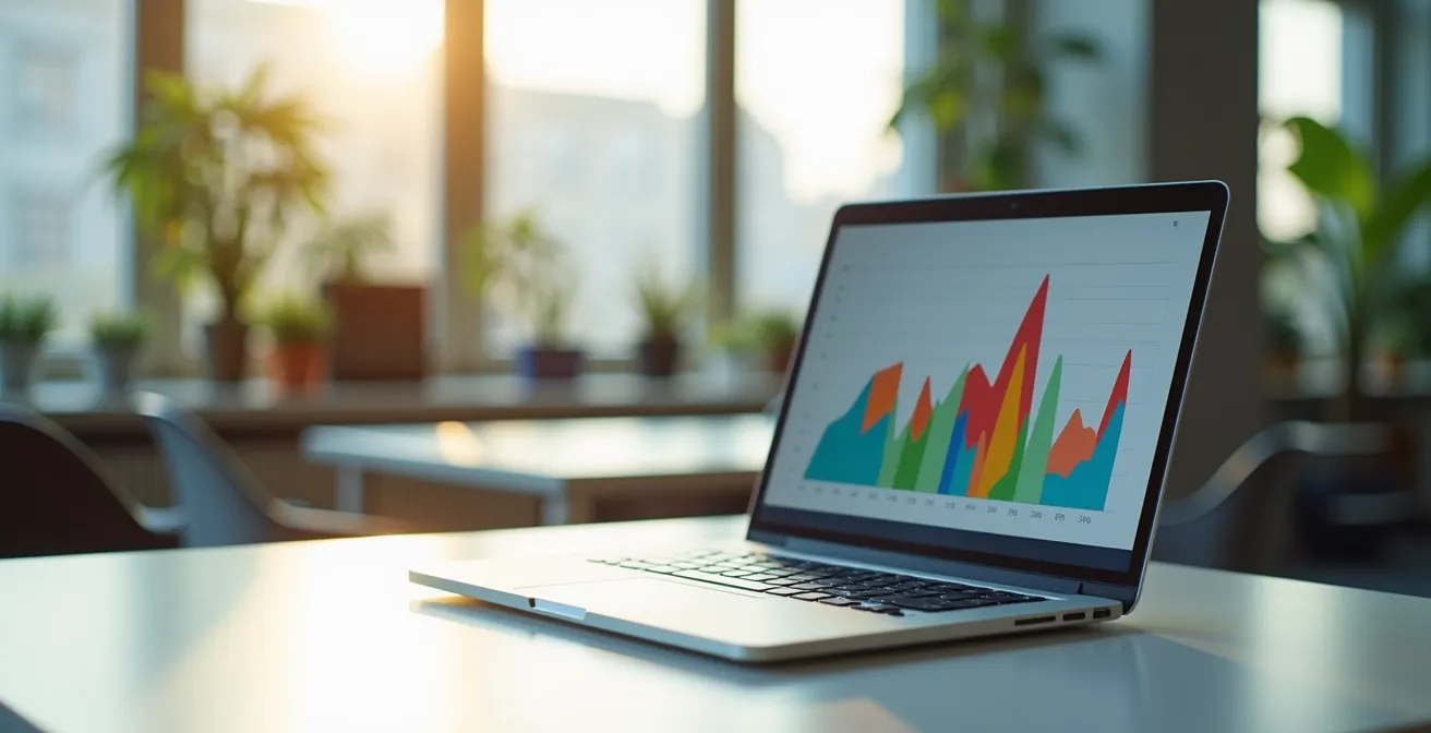 Tableau de bord analytique avec graphiques colorés sur écran vu de côté dans un espace de travail moderne