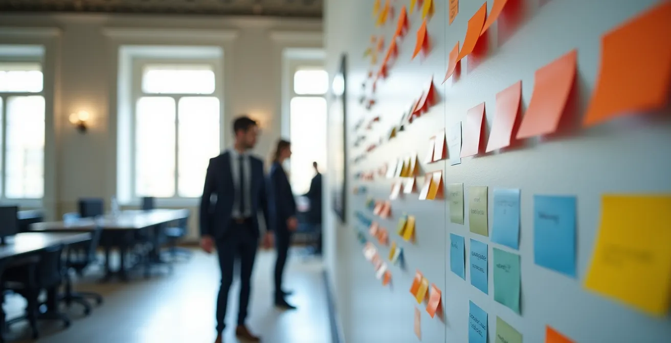 Vue grand angle d'un espace de travail juridique moderne avec système de gestion visuelle