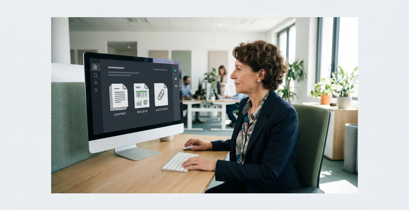 Responsable RH utilisant un logiciel pour centraliser des documents administratifs numériques
